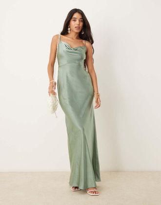 Pretty Lavish Bridesmaid Keisha satin cowl neck maxi dress in eucalyptus-Green
