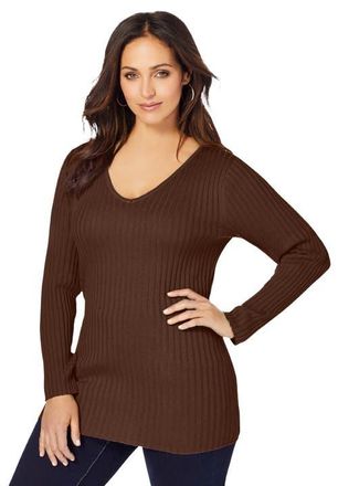 Jessica London V-Neck Ribbed Sweater in Rich Brown at Nordstrom, Size Medium