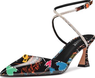 Castamere Women Mid Stiletto Heel Pointed Toe Cross-Strap Diamond Crystal 6.5 CM Heels Multicolor B 10.5 UK