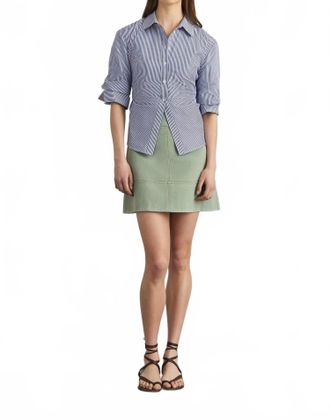 Tanya Taylor Winslet Collared Ruched Sleeves Top In Blue/optic White