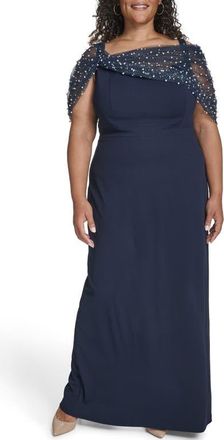 Eliza J Beaded Mesh Overlay Crepe Column Gown in Navy at Nordstrom, Size 14W