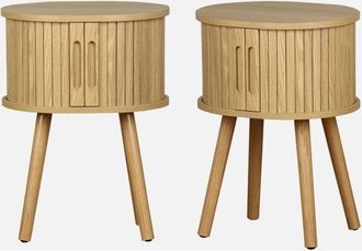 Sweeek Mesita de noche ovalada escandinava con decoración madera ranurada, set de 2