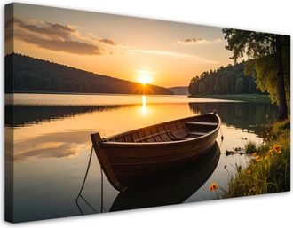Feeby Cuadro En Lienzo, Paisaje Lago Barca Puesta De Sol, 120x60