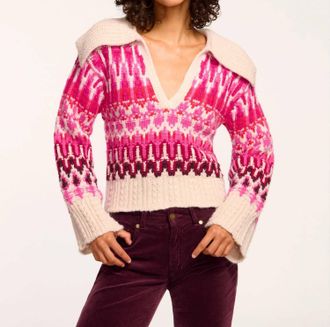 Ramy Brook Augustus V Neck Sweater In Magenta Fairisle