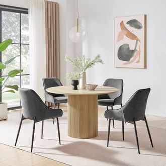 Furniturebox Penrose Oak Effect Round Dining Table & 4 Beaumont Chairs in Grey