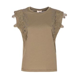 Liu Jo Sleeveless Tops, female, Green, Size: M Embroidered Strass T-shirt