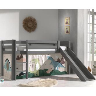 M&S Collection Cama De Media Altura 90x200 Con Tobog&aacute;n, Somier Y Funda Dino Vipack Pino Gris