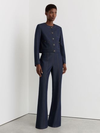 Reiss Dark Blue Flared-leg Denim-look Trousers, 18R