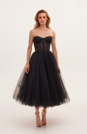 Milla Strapless Puffy Tulle Midi Formal Occasion Dress in Black at Nordstrom, Size 12