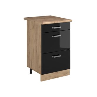 Vicco Mueble Bajo De Cocina R-line, Negro Brillo Intenso/roble Dorado, 50 Cm Encimera Roble Dorado, Vicco