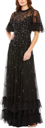 Mac Duggal Ruffle Floral Embellished Flutter Sleeve A Line Dress