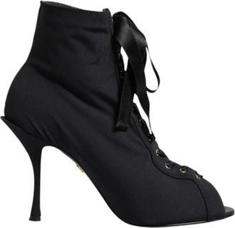 Dolce & Gabbana Zwarte Veters Stiletto Enkellaarzen - Dames - Laarzen met Hak - Zwart - 36 1/2 EU - Polyester - Schoenen