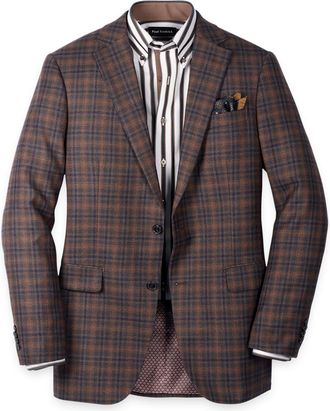 Paul Fredrick Brown/navy Wool Blend Plaid Single Breasted Notch Lapel Sport Coat