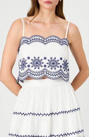 French Connection Alissa Embroidered Crop Cotton Top in Linen White/Indigo at Nordstrom, Size 12