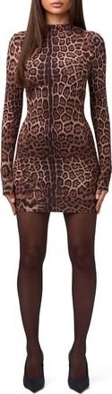 Naked Wardrobe Print Long Sleeve Body-Con Minidress in Brown Leopard at Nordstrom, Size Medium