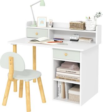 OEM Juego De Escritorio Infantil Con Silla Pupitre Infantil Con Cajones Compartimento Y Estantes Verde Claro Y Blanco
