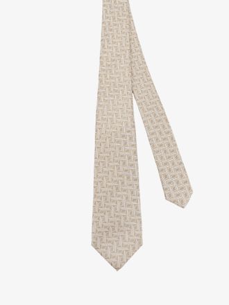Kiton Geometric-Patterned Silk Necktie - Beige