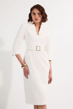 Karen Millen Womens Structured Crepe Belted Forever Midi Dress - White Viscose - Size 12 UK