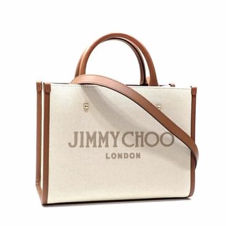 Jimmy Choo London Beige Camel Cotton Leather Tote Bag (Pre-Owned)