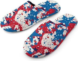 Generic American. Red Blue Stars Splash Warm Mens Slippers Slip On Soft Fleece House Shoes Winter Indoor Outdoor