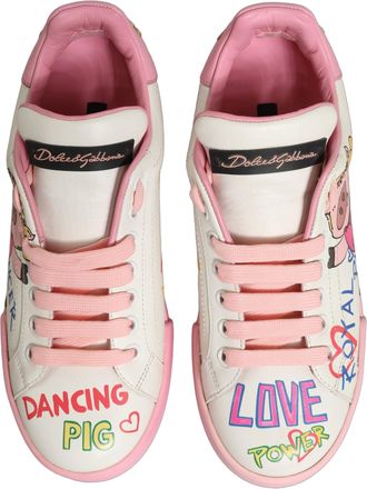 Dolce & Gabbana Mens White Pink Portofino Royal Pig Sneakers Shoes Calf Leather