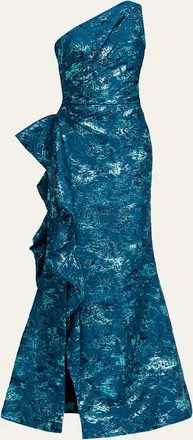 Teri Jon Metallic Jacquard One-Shoulder Side-Ruffle Gown