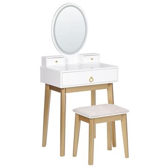 Beliani Tocador Led Blanco Dorado Beige 58 X 40 Cm Mdf 3 Cajones Espejo Taburete Rosey