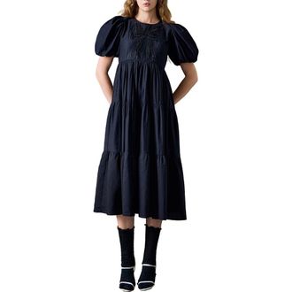 English Factory Sequin Bow Detail Tiered Organza Midi Dress in Black at Nordstrom, Size X-Small