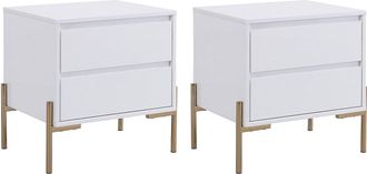 Vente-Unique Conjunto de 2 mesitas de noche con 2 cajones - MDF y metal - Blanco lacado y dorado - KORASA de Pascal Morabito