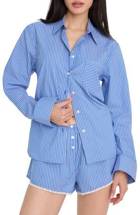 Good American Classic Boxy Poplin Button-Up Shirt in Blue White Stripe at Nordstrom, Size 4X-Large