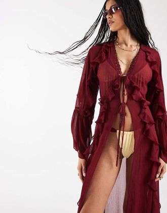 Reclaimed Vintage Kimono rosso bordeaux allacciato sul davanti con perline