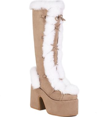 Generic Womens Faux Suede Warm Winter Boots with Side Zipper Round Toe Knee High Boots Block Heel Platform Long Boot,Khaki,7.5 UK