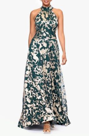 Betsy & Adam Metallic Floral High Neck Sleeveless Gown in Green/gold at Nordstrom Rack, Size 6