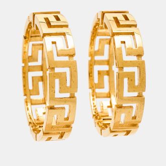 Versace Greca Gold Tone Hoop Earrings