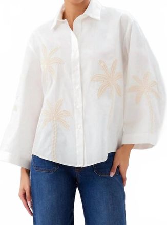 Karen Kane Bell Sleeve Embroidered Palm Tree Shirt In Off White