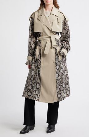 Mackage Water Repellent Snakeskin Print Detail Trench Coat in Taupe Snake at Nordstrom, Size X-Large