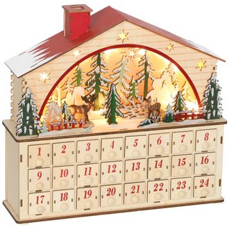 OEM Calendario De Adviento Para Rellenar De Madera Con Luces Led 24 Cajones Y Escena De Pueblo 36x10x34 Cm Natural