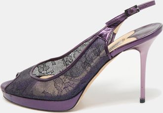 Jimmy Choo London Purple Mesh And Leather Peep Toe Platform Slingback Sandals