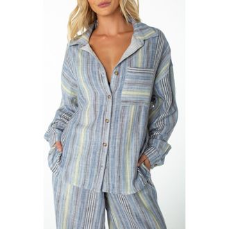 Roxy Lets Get Away Striped Cotton Button-Up Shirt in Mood Indigo at Nordstrom, Size X-Small