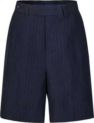 Shanghai Tang herringbone embroidered shorts - men - Flax/Wool - 46 - Blue