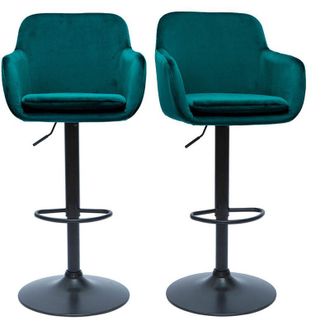 Miliboo Sgabelli da bar regolabili in tessuto di velluto blu petrolio e metallo nero (set di 2) amika