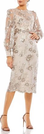 Mac Duggal Embellished High Neck Illusion Long Sleeve Midi Dress In Mocha