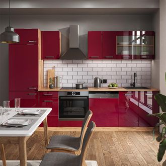 Vicco Mueble De Cocina R-line, Burdeos Brillo Intenso/roble Dorado, 300 Cm Sin Encimera