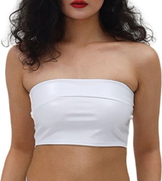 Generic Womens Metallic Crop Top Shiny Strapless Tube Bra for Dancing Raves Festival Costumes Backless Soft Sexy Shiny Tube Bandeau White