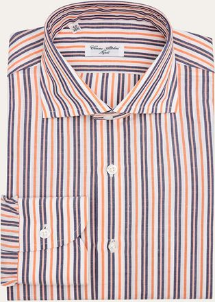 Cesare Attolini Mens Cotton and Linen Multi-Stripe Sport Shirt