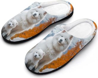 Generic Samoyed Dog Family Cotton Womens Slip-on Slippers Winter Warm House Shoes with Rubber Sole for Home Office Hotel