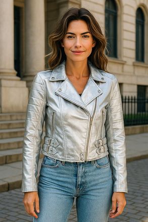 Infinity Leather Womens Silver Cropped Brando Biker Jacket-Durban Lamb Leather - Size 16 UK