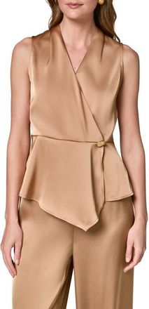 DKNY Sleeveless Faux Wrap Satin Top in Fawn at Nordstrom, Size X-Small