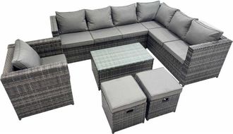 Fimous Fimous Patio Sofa Oblong Coffee Table Set Rattan Garden Furniture Set with 2 Small Stools Dark Grey Mixed