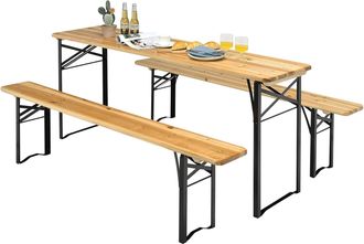 Costway Costway Juego De Mesa Y Banco De Picnic De 3 Piezas, Juego De Mesa De Cerveza De Madera Con 2 Asientos, Mesa Y Banco Plegable Con Marco De Acero Para 